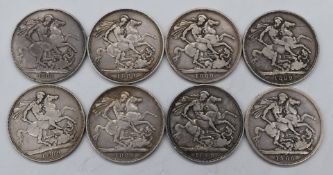 Eight various Queen Victoria silver crowns, approximately 220g