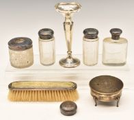 Hallmarked silver dressing table pot raised on four feet, London 1920, maker's mark rubbed, diameter