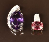 Two 9ct white gold pendants, one set with amethyst and white topaz the other rubellite diamond, 4.9g