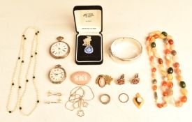 A collection of silver jewellery including Liberty & Co bangle, fob watch, rings and cufflinks,