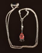 An 18k white gold necklace set with Ceylon padparascha sapphire and diamonds, 4.9g