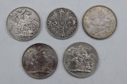 Four crowns comprising a Queen Victoria 1889 Jubilee, 1896 veiled head, 1935 rocking horse and