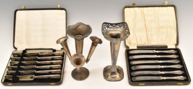 Hallmarked silver epergne, hallmarked silver trumpet vase and two cased sets of hallmarked silver