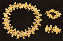 Vendome 1970s modernist textured bark necklace and matching brooch, in original box