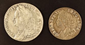 George II 1758 shilling, VF, together with a 1757 sixpence