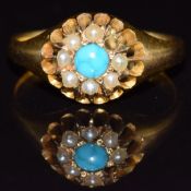 Victorian 22ct gold ring set with turquoise and seed pearls, London 1887, 3.3g, size K