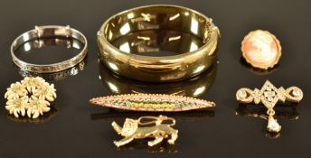 A silver gilt bangle, silver christening bangle, micro mosaic brooch etc