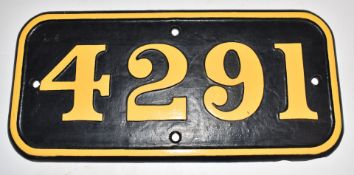 GWR cast iron steam locomotive cabside number 4291, ex Churchward 2-8-0 tank locomotive, also