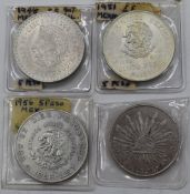 Mexico three silver 5 Peso coins, 1948, 1951, 1956, together with an 1893 First Republic 8 Reales
