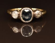 A 9ct gold ring set with a sapphire and a diamond, 3g, size I
