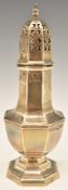 Walker & Hall George V hallmarked silver sugar caster of octagonal baluster form, Sheffield 1919,