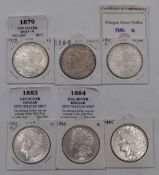 Six USA Morgan silver Dollars comprising 1879 Philadelphia, near uncirculated, 1881, 1882, 1883