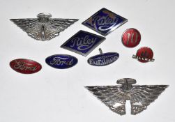 Nine pre war and later car badges including enamel examples, including Riley, Ford, Fordson and