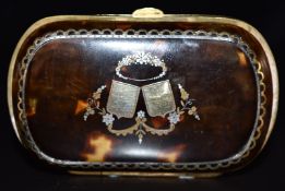 Late 19th/early 20thC French silver and gold inlaid brass bound piqué purse decorated with scrolling