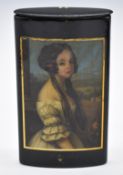 A 19thC papier mâché cheroot case with portrait of a young lady with signature/name below, W7.5 x