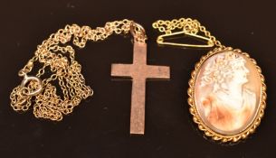 A 9ct gold cross, 9ct gold chain (4.3g) and 9ct gold cameo brooch