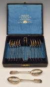 Cased set of twelve Victorian hallmarked silver Fiddle pattern teaspoons and sugar tongs,