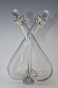 George V hallmarked silver mounted twin oil and vinegar bottle, London 1929, maker Henry Perkins &