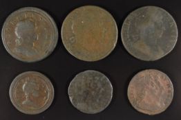 Six copper coins comprising William and Mary halfpence 1694, two farthings 1694, William III 1698
