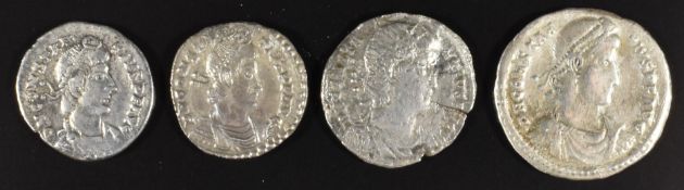Roman Imperial coinage family of Constantine AD307-350 Constantius II four silver Siliqua, all