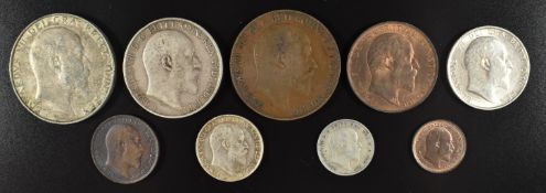 Nine various Edward VII coins comprising a third farthing, farthing, halfpence, penny, threepence,