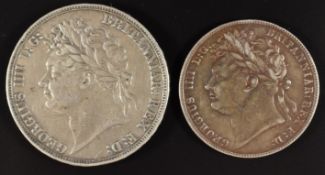 George IV 1821 crown issue 1, Seaby 3805 (GF) together with an 1824 half crown, Seaby 3808 (GF)