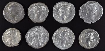 Roman Imperial coinage The Antonines AD138-193 Marcus Aurelius eight silver Denarius, various