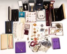 A collection of jewellery including three strand pearl necklace, pearl earrings, silver and pearl