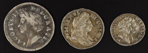 James II threepence 1686/7, Seaby 3415 (NF), William and Mary maundy 1d 1694 (GF) and a William