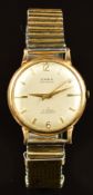 Emka 9ct gold gentleman's wristwatch with gold hands and hour markers, silver dial and signed 17