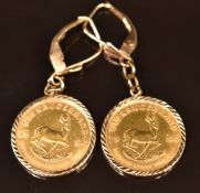 Two 1984 1/10 Krugerrands each in a 9ct gold earring mounts, 8.3g