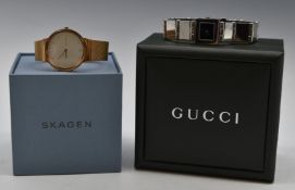 Two ladies wristwatches comprising Gucci ref. 600L with silver hands, black dial, stainless steel