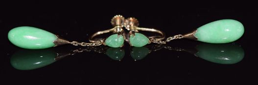 Chinese pair of 14k gold earrings set with pear shaped jade drops and cabochon