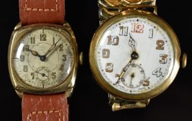 Two unnamed gentleman's wristwatches, one 9ct gold the other gold plated, both with subsidiary