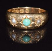 Victorian 18ct gold ring set with a turquoise cabochon and seed pearls, Birmingham 1896, 4.4g,