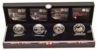Royal Mint Countdown to London 2012 Olympics four £5 silver proof coins, in case with certificate