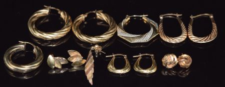 Five pairs of 9ct gold earrings and three single 9ct gold earrings, 10g