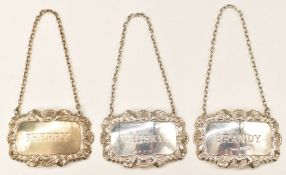 Three modern hallmarked silver bottle tickets comprising Sherry, Whisky and Brandy, weight 43g