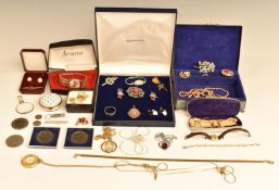 A 9ct gold chain, 9ct gold St Christopher, costume jewellery, watches, badges, hallmarked silver