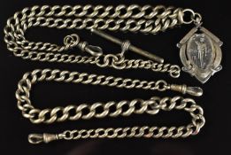 Two hallmarked silver graduated pocket watch chains, one with a hallmarked silver cricket fob