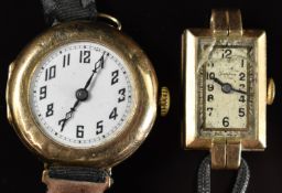 Two 9ct gold ladies wristwatches Mappin and Armosa, both on fabric straps.