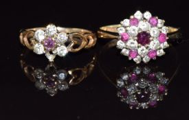 Two 9ct gold rings each set with a ruby and cubic zirconia, 3.5g, size J & H