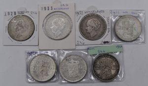 Six Nederland silver 2½ Gilder coins including 1929, 1930, 1932, 1937 and 1938