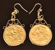 A pair of 9ct gold earrings each set a 1912 & 1913 gold half sovereign, 10.1g