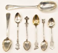 Hallmarked cutlery including Elkington dessert spoon, souvenir spoons including an Isle of Man