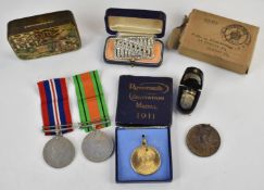 Pair of WW2 medals with name to box Mrs L Rickatson, cased hallmarked silver thimble, tabloid tea