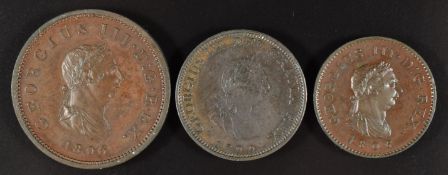 Three copper coins of George III comprising an 1806 farthing and halfpenny and a 1799 farthing (