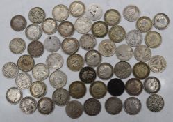 Approximately fifty various silver threepences, Queen Victoria onwards