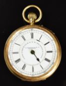 J Hargreaves & Co of Liverpool 18ct gold keyless winding open faced pocket watch with black Roman