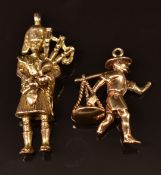 Two 9ct gold charms comprising a Scottish piper and a Vietnamese farmer, 10.3g
